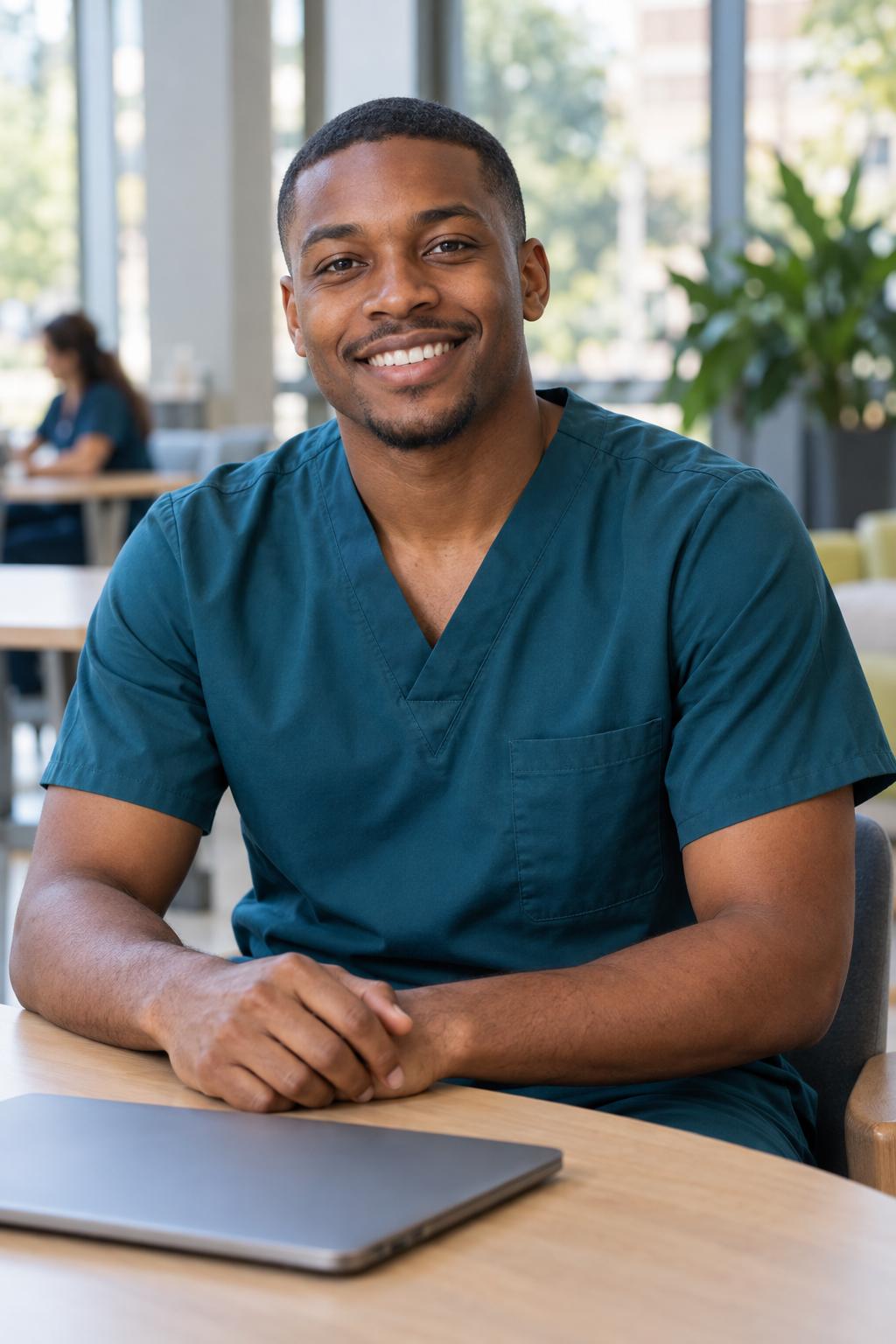 Illustrative portrait of a nursing student in teal scrubs at a campus study table