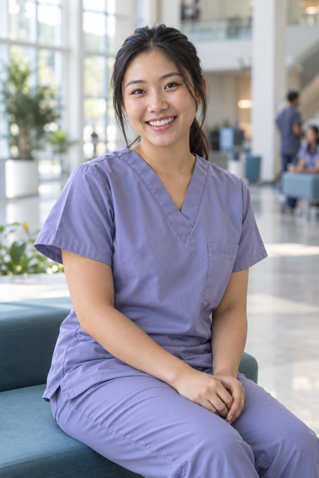 Illustrative portrait of a nursing student in lavender scrubs in a campus atrium