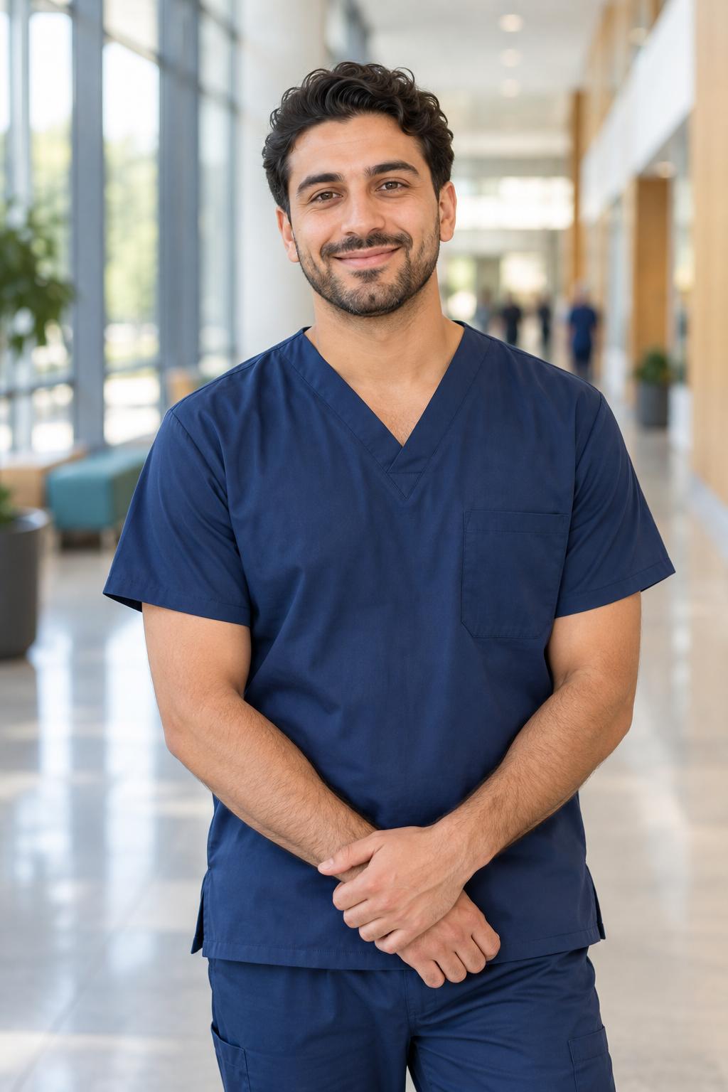 Illustrative portrait of a nursing student in navy scrubs in an education corridor