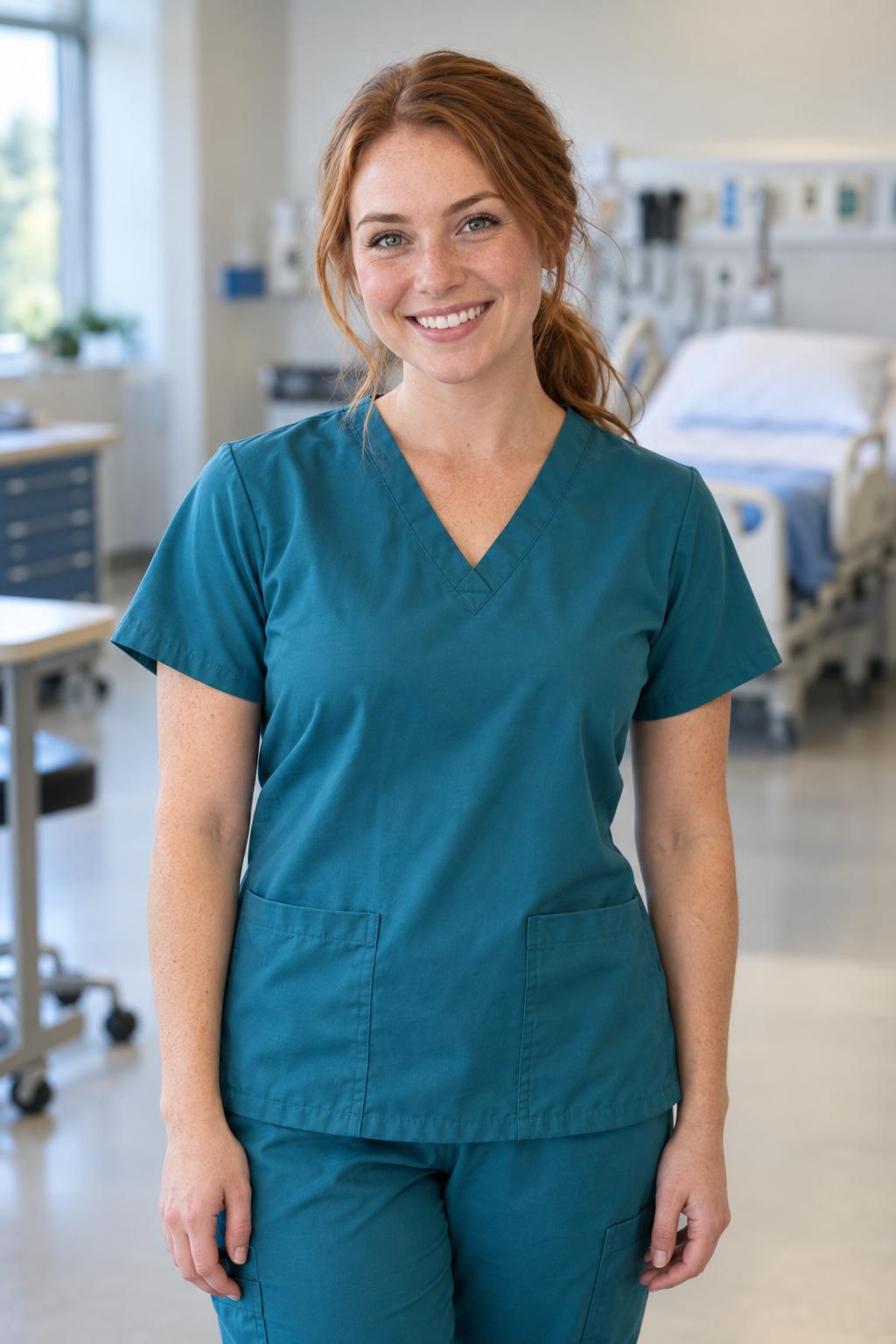 Illustrative portrait of a nursing student in teal scrubs in a skills classroom