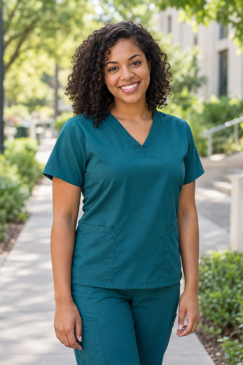 Illustrative portrait of a nursing student in teal scrubs on campus