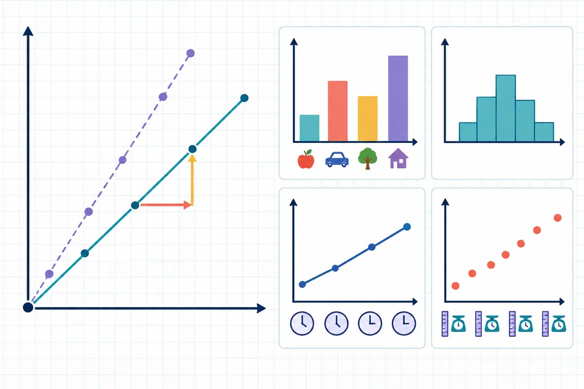 Four contrasting data displays: separated category bars, touching histogram intervals, a connected time sequence and an unconnected scatter pattern.