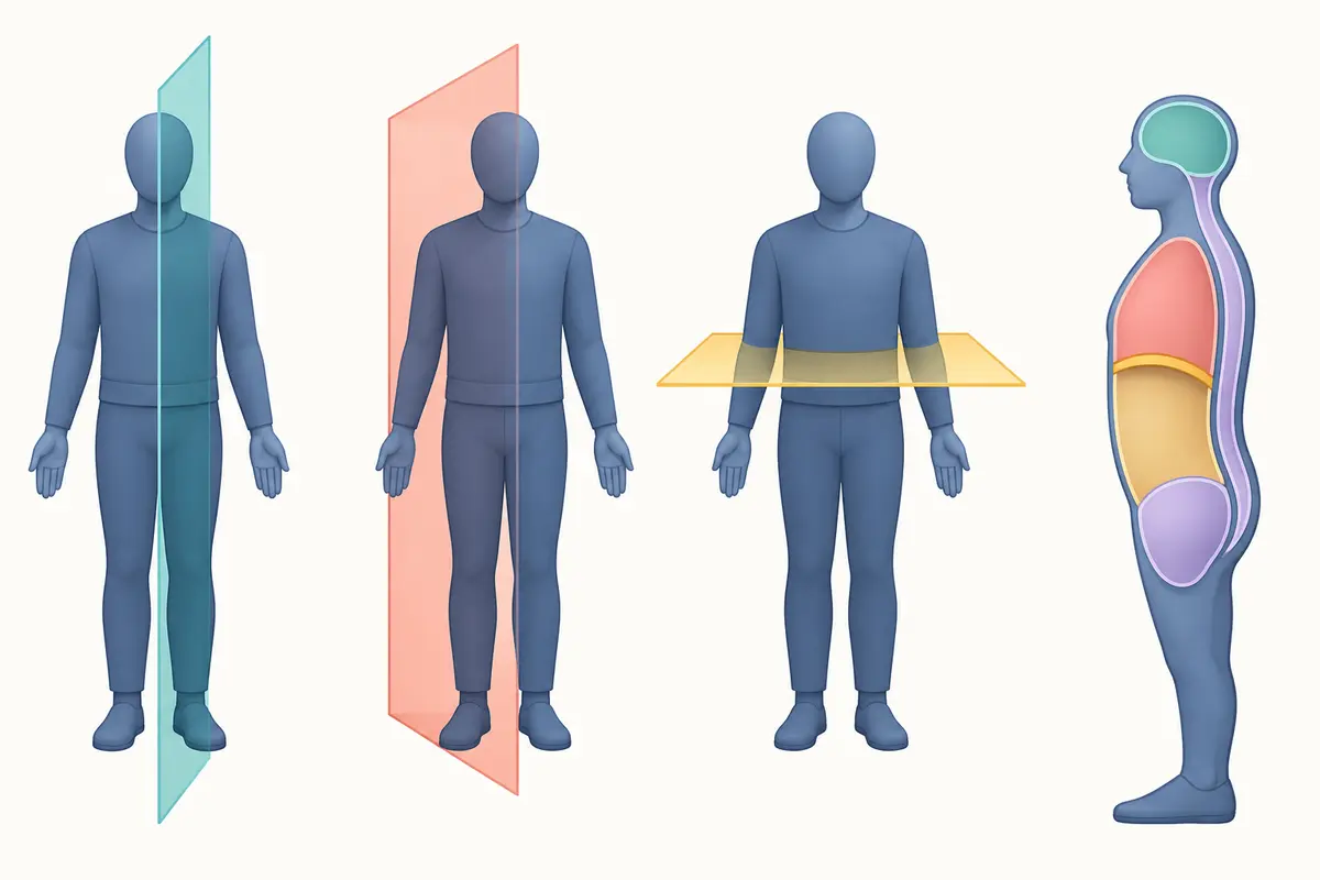 Three standard anatomical planes beside a side view dividing the dorsal and ventral body cavities into cranial, vertebral, thoracic, abdominal and pelvic regions.
