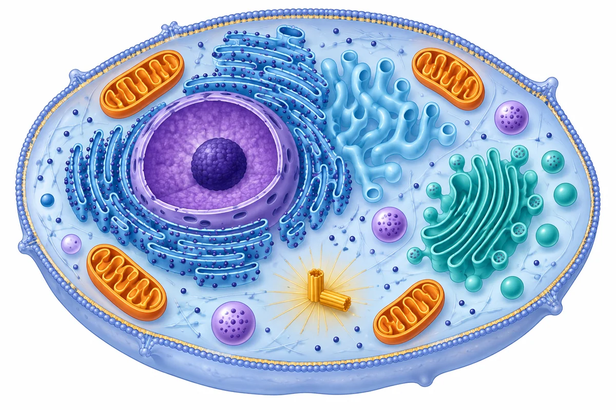 Cutaway animal cell showing the nucleus and nucleolus, rough and smooth endoplasmic reticulum, Golgi apparatus, mitochondria, lysosomes, ribosomes, centrioles, cytoplasm, and cell membrane.