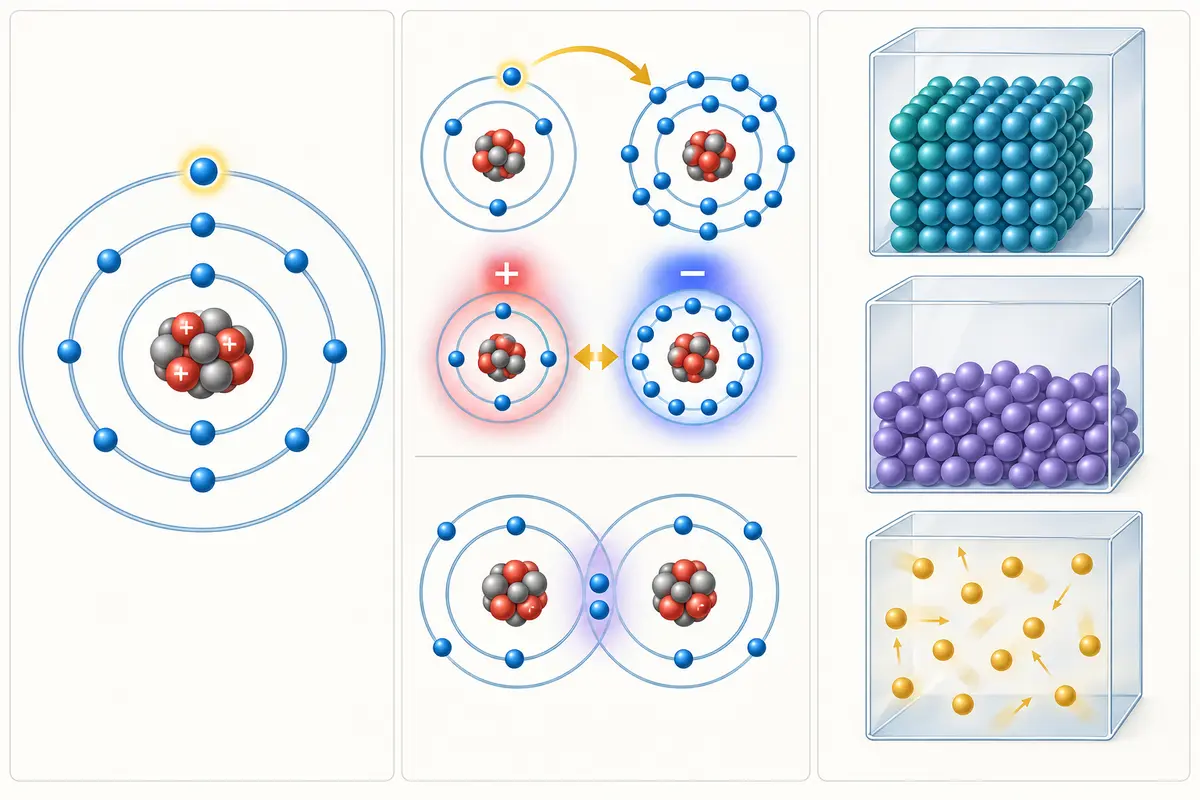 Atom with protons and neutrons in its nucleus and electrons in shells, alongside electron transfer, electron sharing and particle arrangements in solids, liquids and gases.