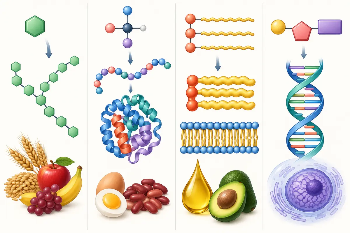 Carbohydrate chains, amino acids folding into protein, triglyceride and phospholipid structures, and nucleotides assembling into DNA, each paired with familiar food or cell sources.