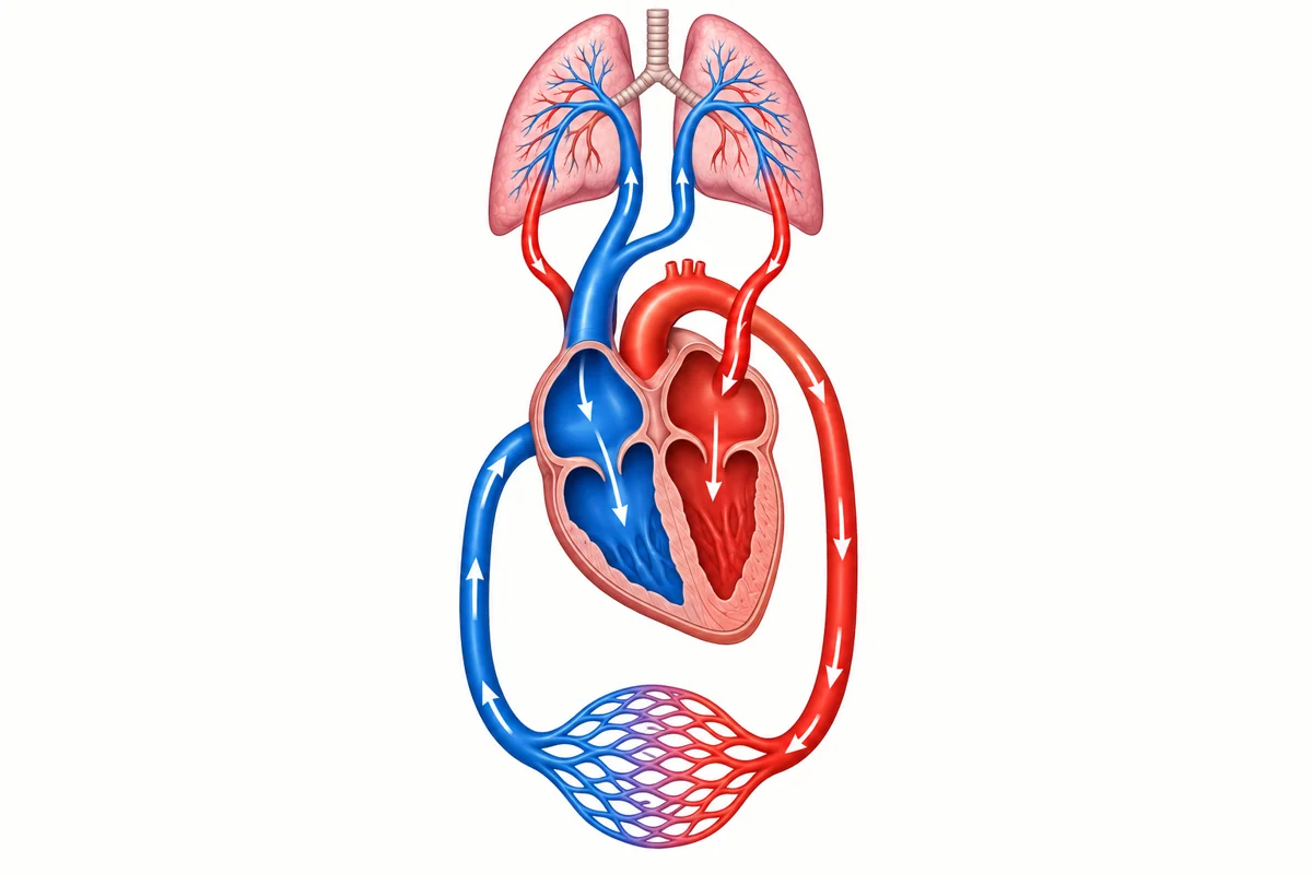 Blood-flow diagram showing oxygen-poor blue blood returning from the body to the right side of the heart and lungs, then oxygen-rich red blood returning to the left side and being pumped to the body.