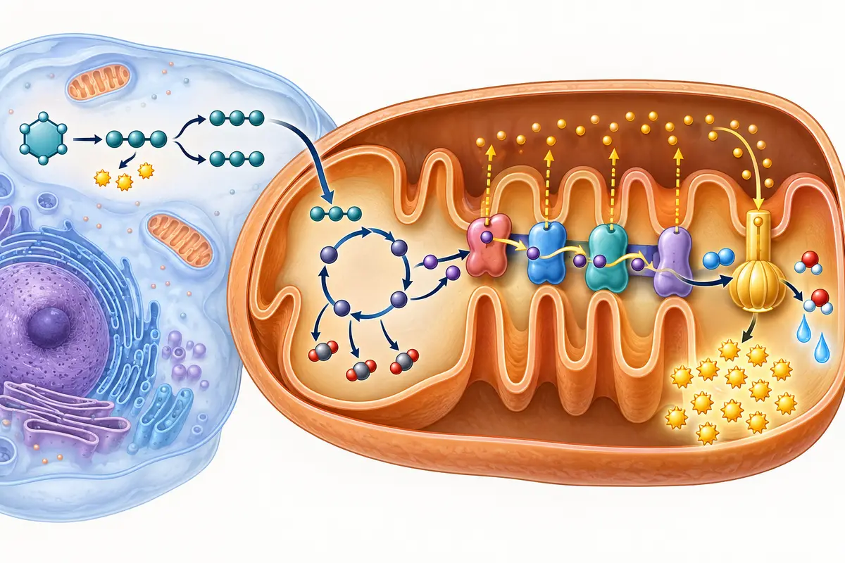 Glucose splitting in the cytosol beside a mitochondrion containing a cycle in the matrix and an electron transport chain with ATP synthase in the inner membrane.