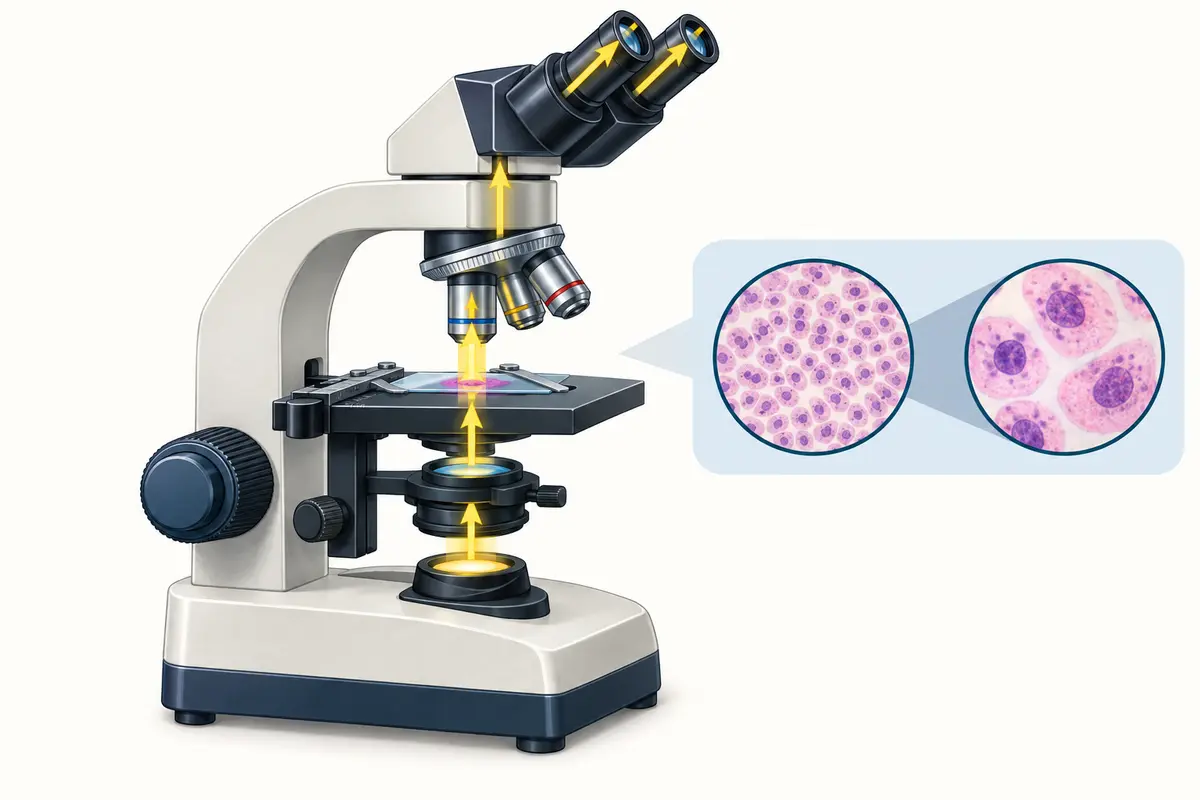 Compound light microscope with the illuminated path from lamp through specimen, objective and eyepiece, plus low- and high-power views of the same tissue.