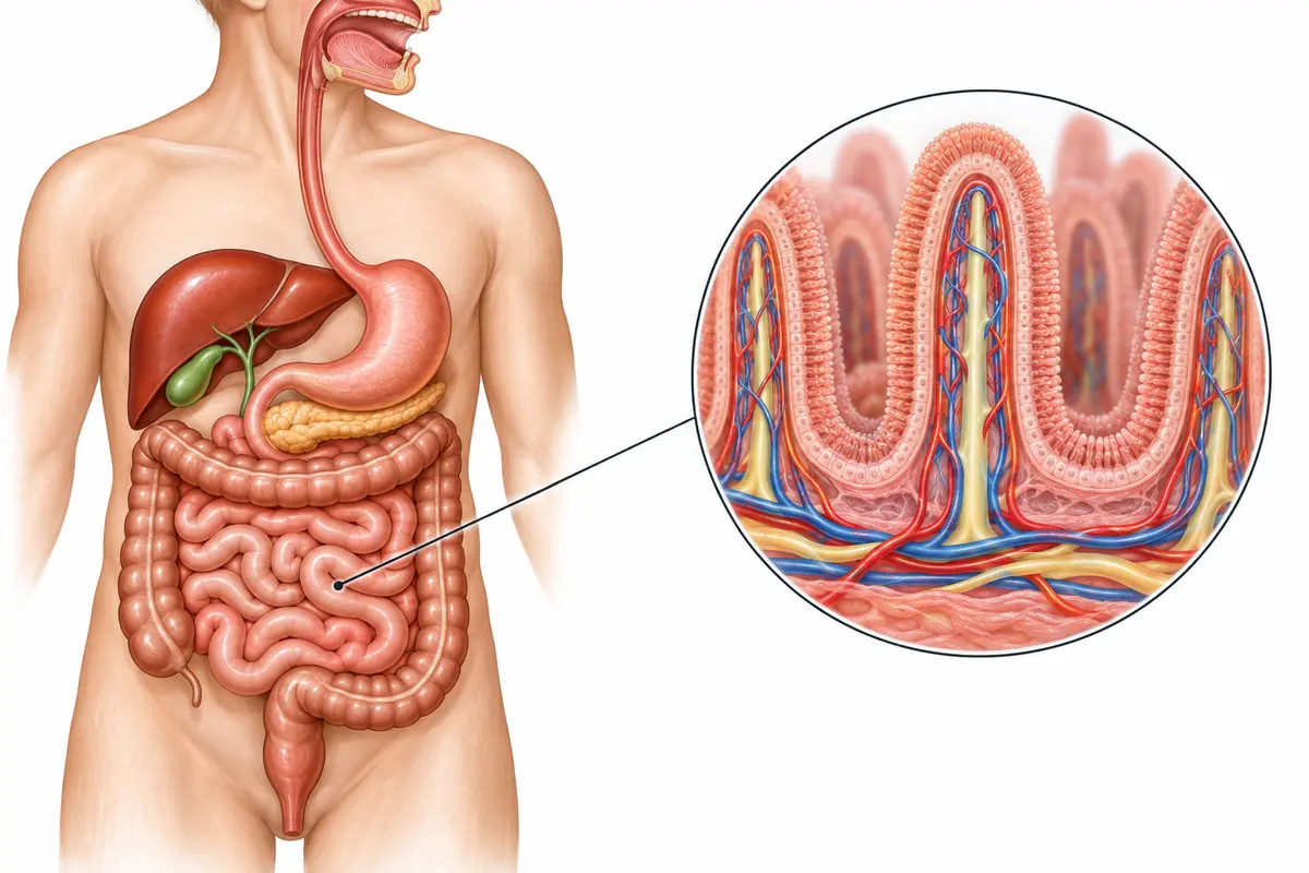 Digestive tract from mouth to large intestine with the liver, gallbladder and pancreas, plus an enlarged view of small-intestinal villi containing capillaries and central lacteals.