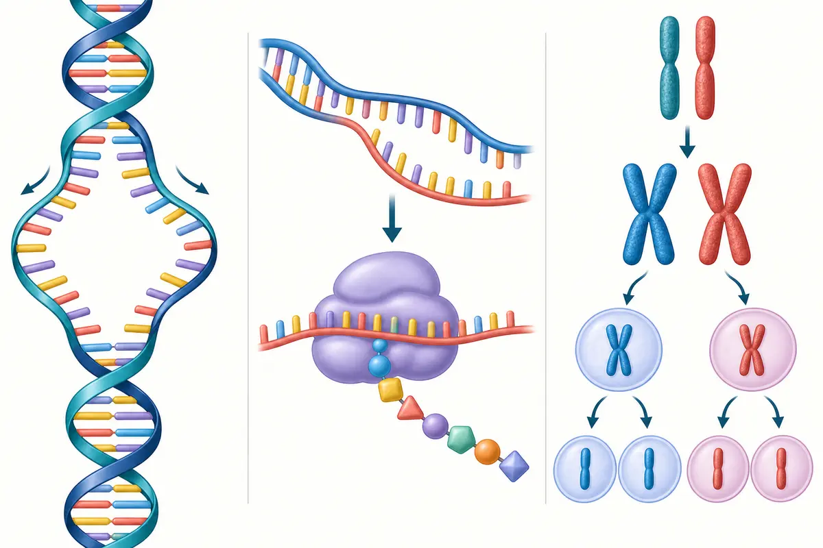 DNA double helix opening for RNA production, messenger RNA passing through a ribosome to build a protein, and chromosome copies separating into four cells.