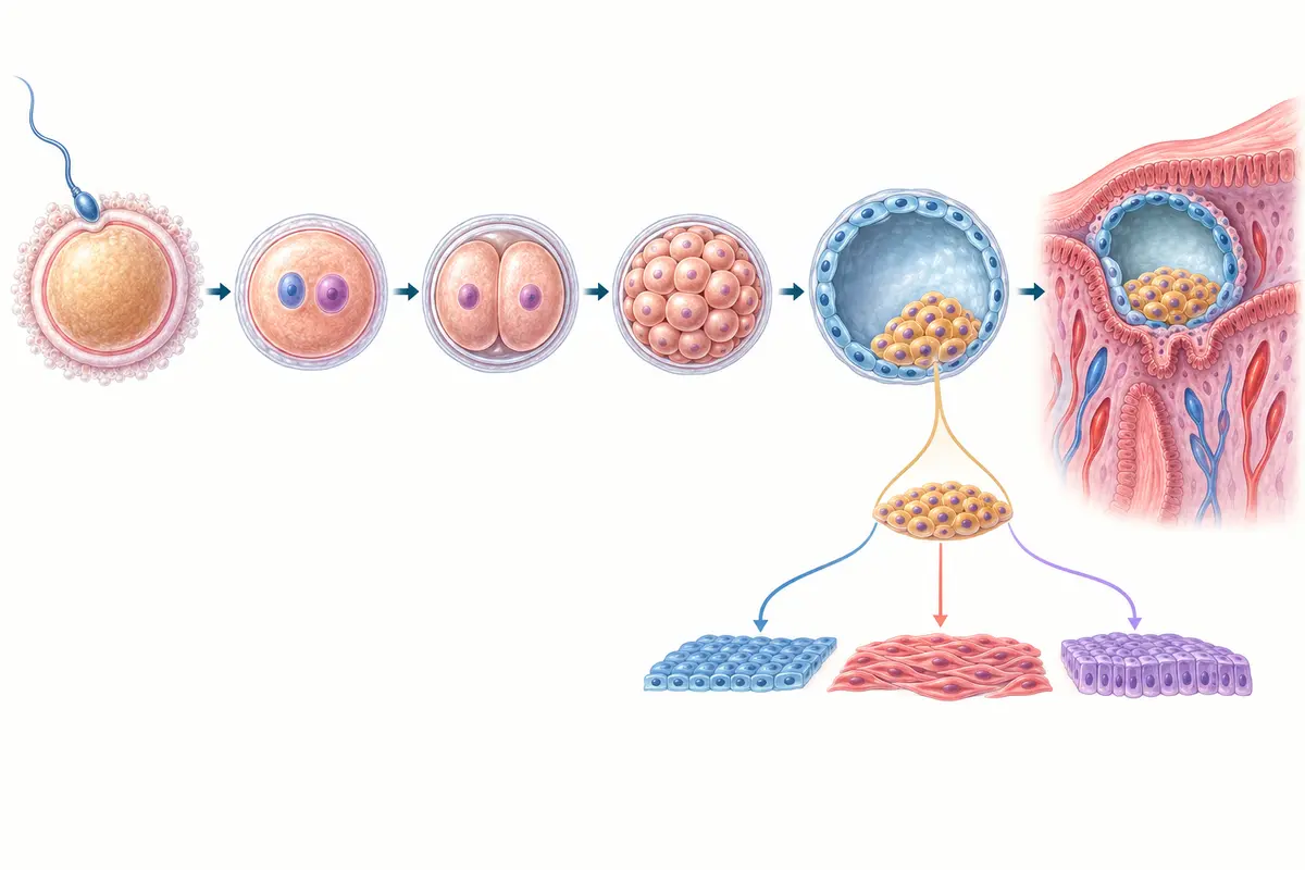 Early development sequence from fertilisation through two-cell and morula stages to a blastocyst implanting in the uterine lining, with three tissue families branching below.