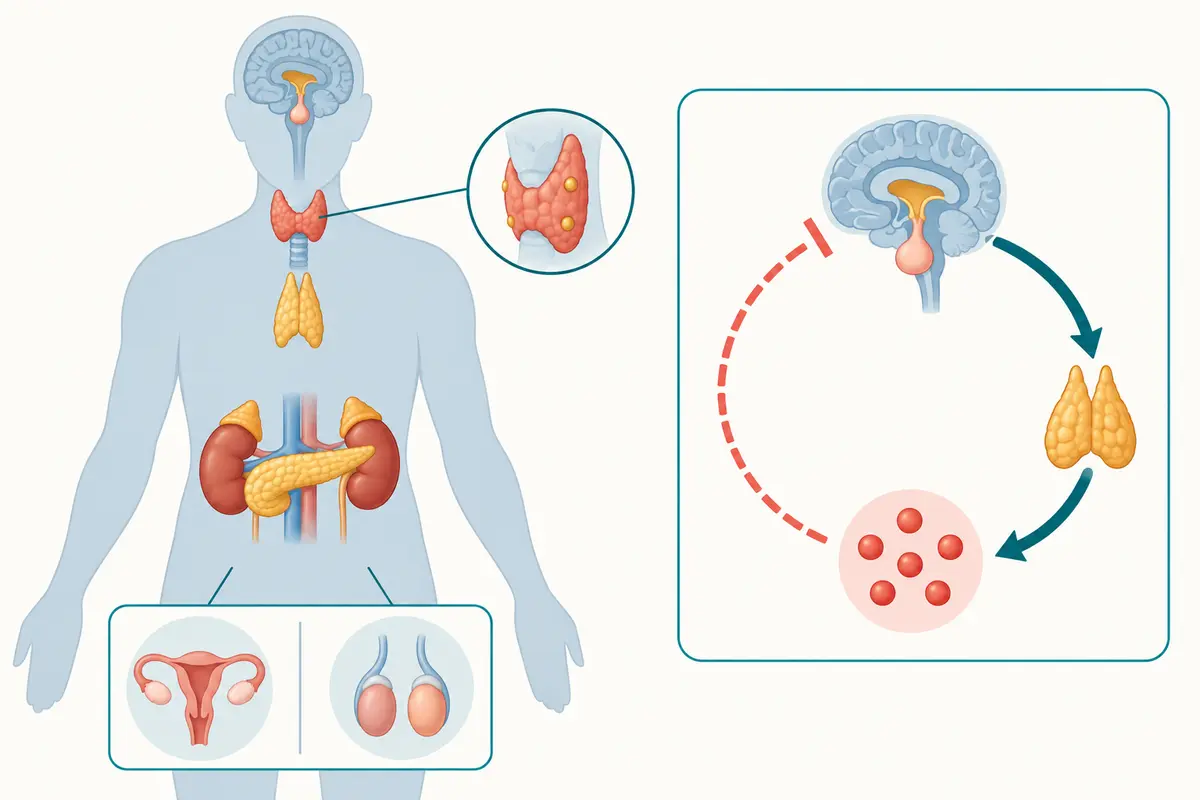 Major endocrine glands shown in their body positions, with an inset of parathyroid glands and a circular negative-feedback pathway.