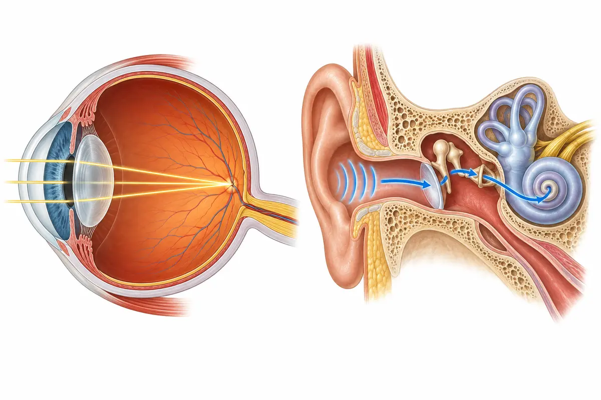 Eye cross-section showing light focused on the retina and ear cross-section showing sound travelling through the eardrum and ossicles to the cochlea.