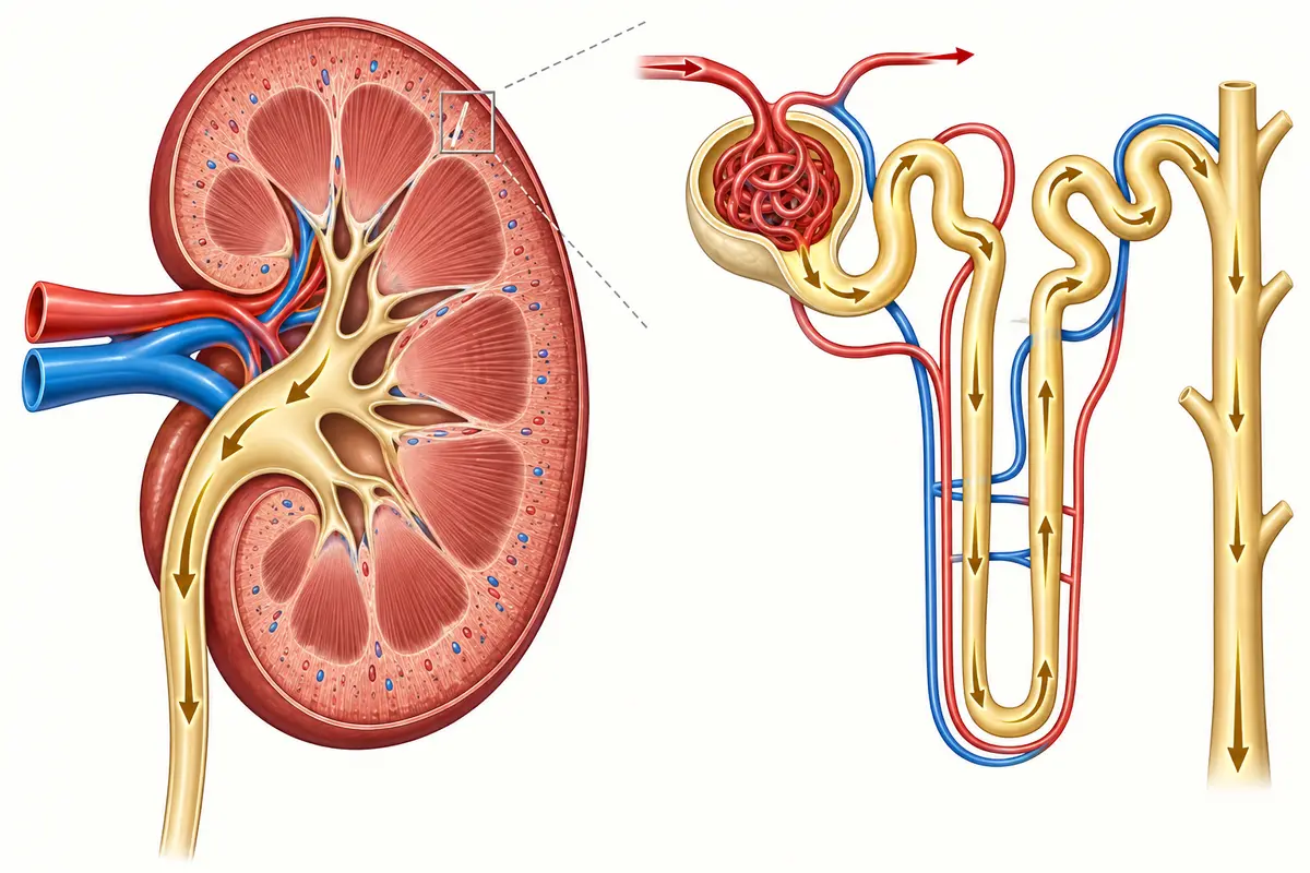 Cutaway kidney beside an enlarged nephron showing the glomerulus, tubules, loop of Henle, collecting duct and surrounding blood vessels.
