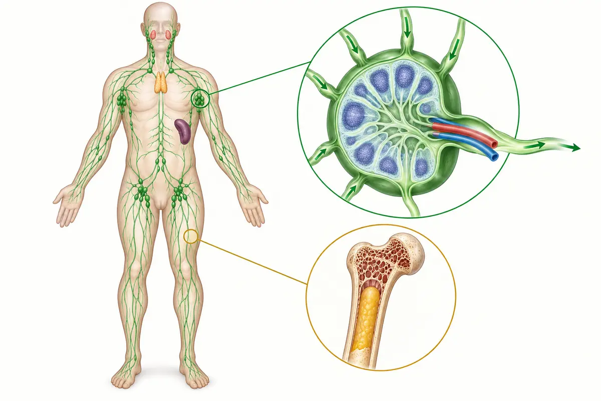 Lymphatic vessels and lymph-node clusters throughout the body with the thymus and spleen, plus cutaway views of a lymph node and bone marrow.