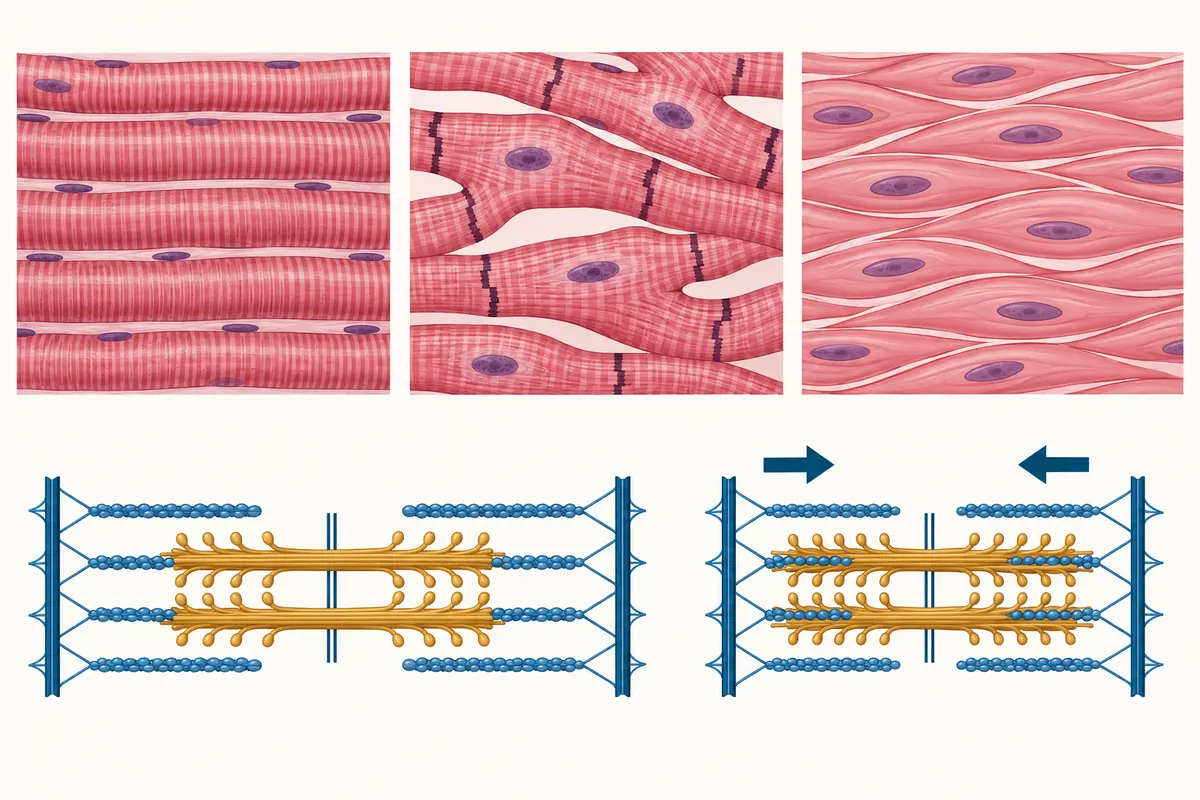 Microscopic comparison of skeletal, cardiac and smooth muscle above sarcomeres before and during actin-myosin sliding.