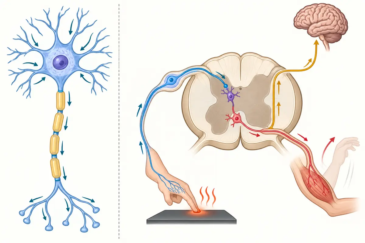 A myelinated neuron with signal direction from dendrites to terminals, beside a withdrawal reflex traveling from skin to spinal cord and back to muscle while a separate signal ascends to the brain.