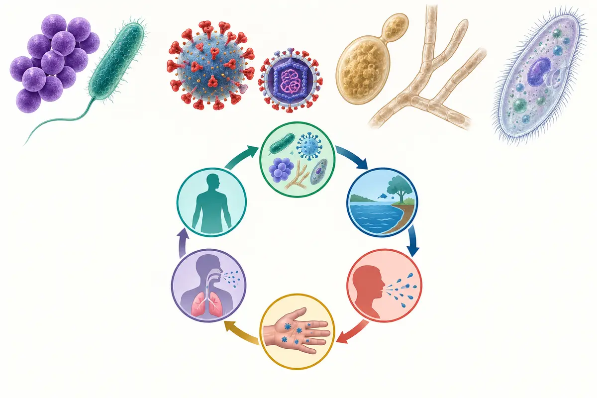 Representative bacteria, virus, fungus and protozoan above a circular chain of infection from pathogen and reservoir through exit, transmission, entry and susceptible host.