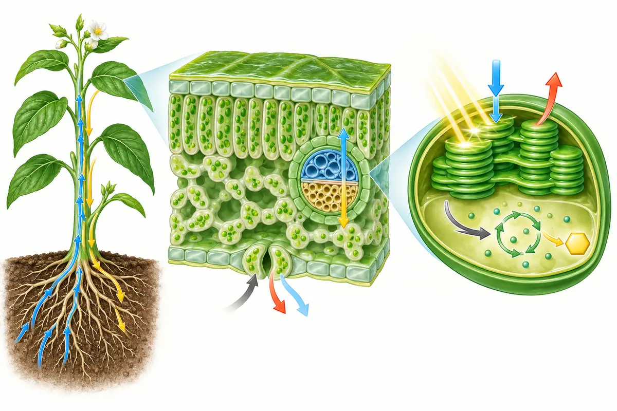 Plant with upward water transport and sugar transport, a leaf cross-section with a stoma and vascular bundle, and a chloroplast with thylakoid stacks and stroma reactions.