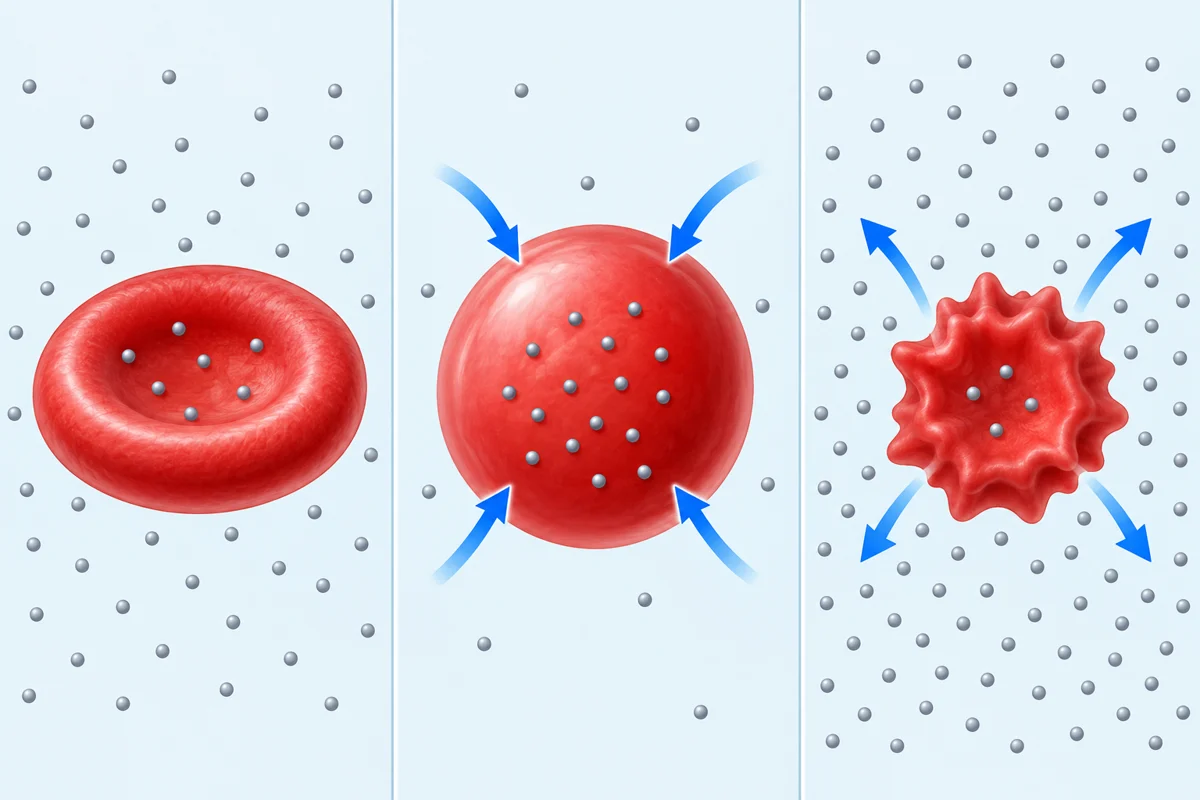 Three red blood cells showing a normal cell in isotonic fluid, a swollen cell with water arrows moving inward in hypotonic fluid, and a crenated cell with water arrows moving outward in hypertonic fluid.