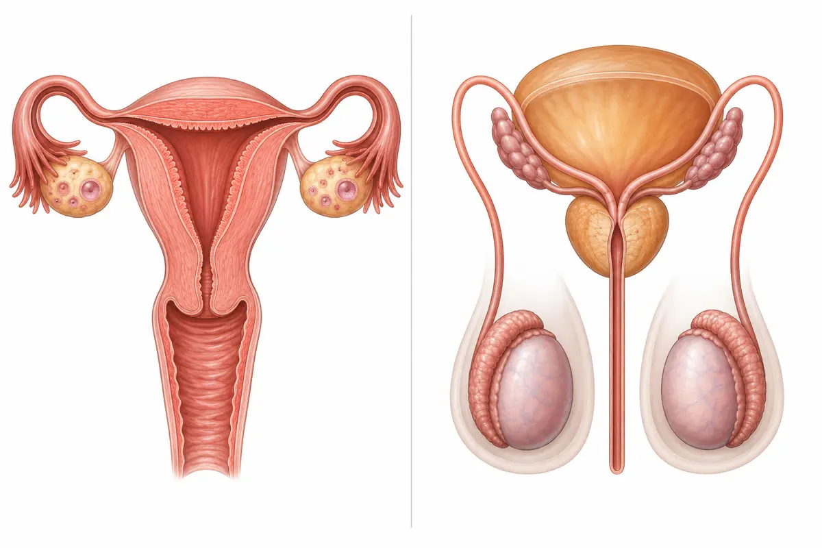 Clinical side-by-side maps of female internal reproductive structures and male internal reproductive structures.