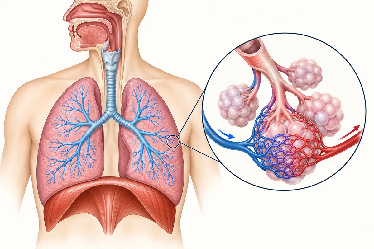 Upper airway, trachea, branching bronchi and lungs above the diaphragm, with an enlarged alveolar cluster wrapped in capillaries changing from oxygen-poor to oxygen-rich blood.
