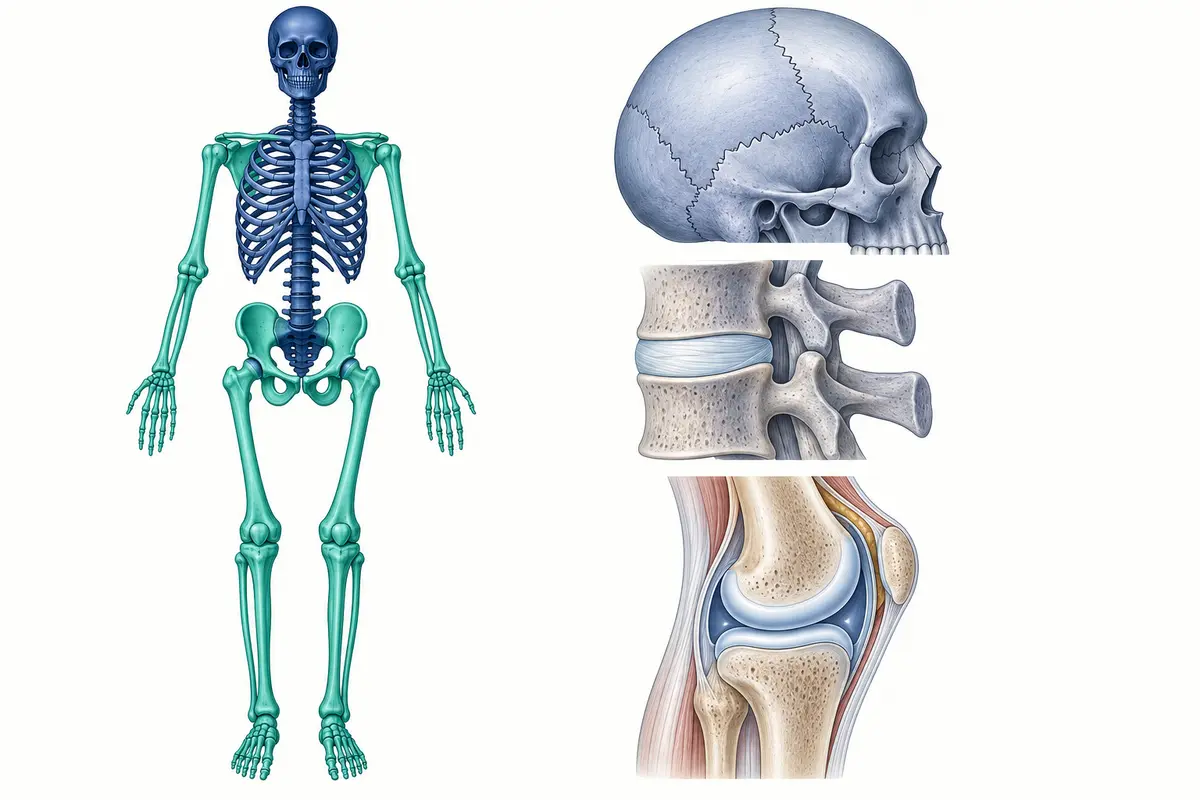 Human skeleton with axial bones distinguished from appendicular bones, beside examples of a skull suture, intervertebral connection and synovial knee.