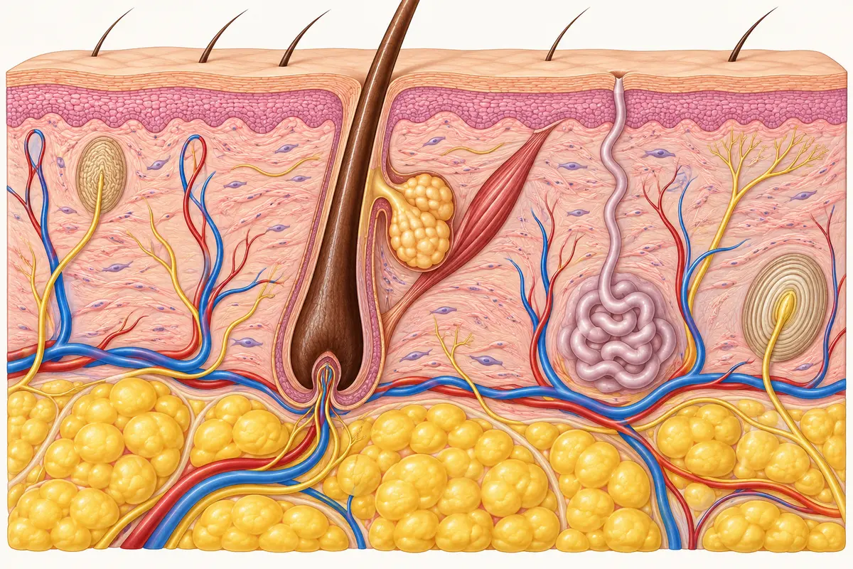 Cross-section of skin showing the avascular epidermis, vascular dermis, subcutaneous fat, hair follicle, sebaceous gland, sweat gland, nerves and blood vessels.