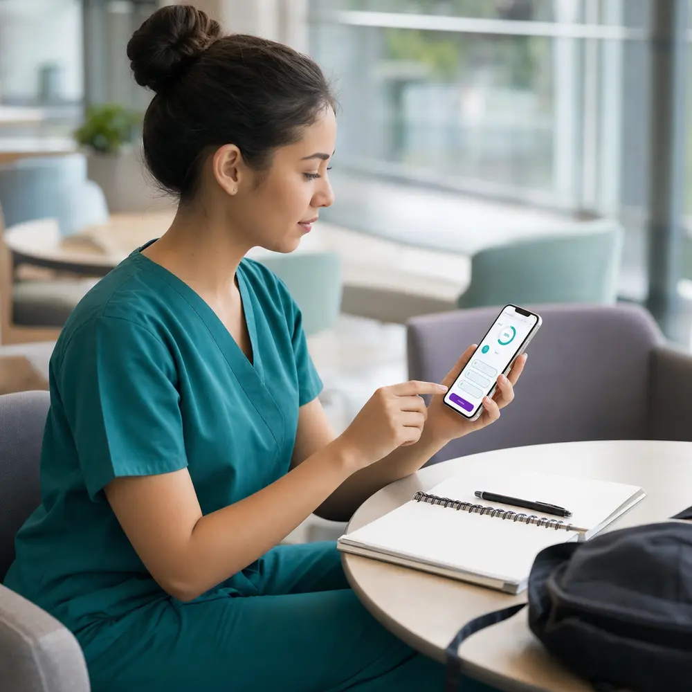 Nursing student practicing with the NursingPrepCentral mobile app